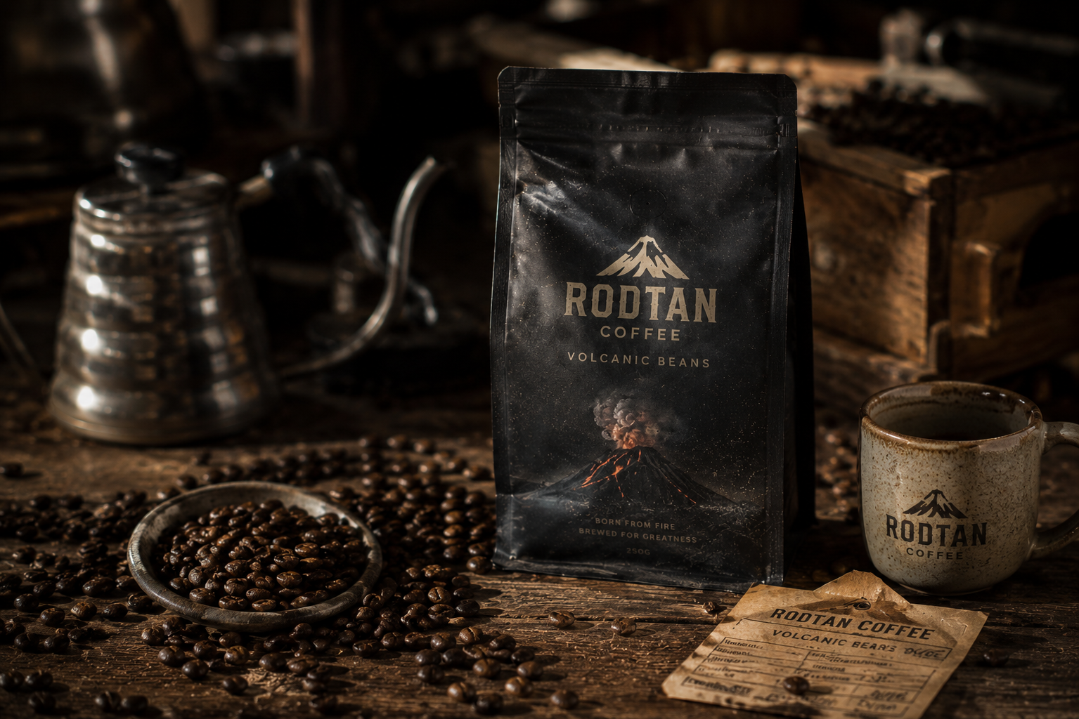 Rodtan Volcanic Coffee black matte pouch with gold branding on rustic wood, scattered beans and pour-over kettle