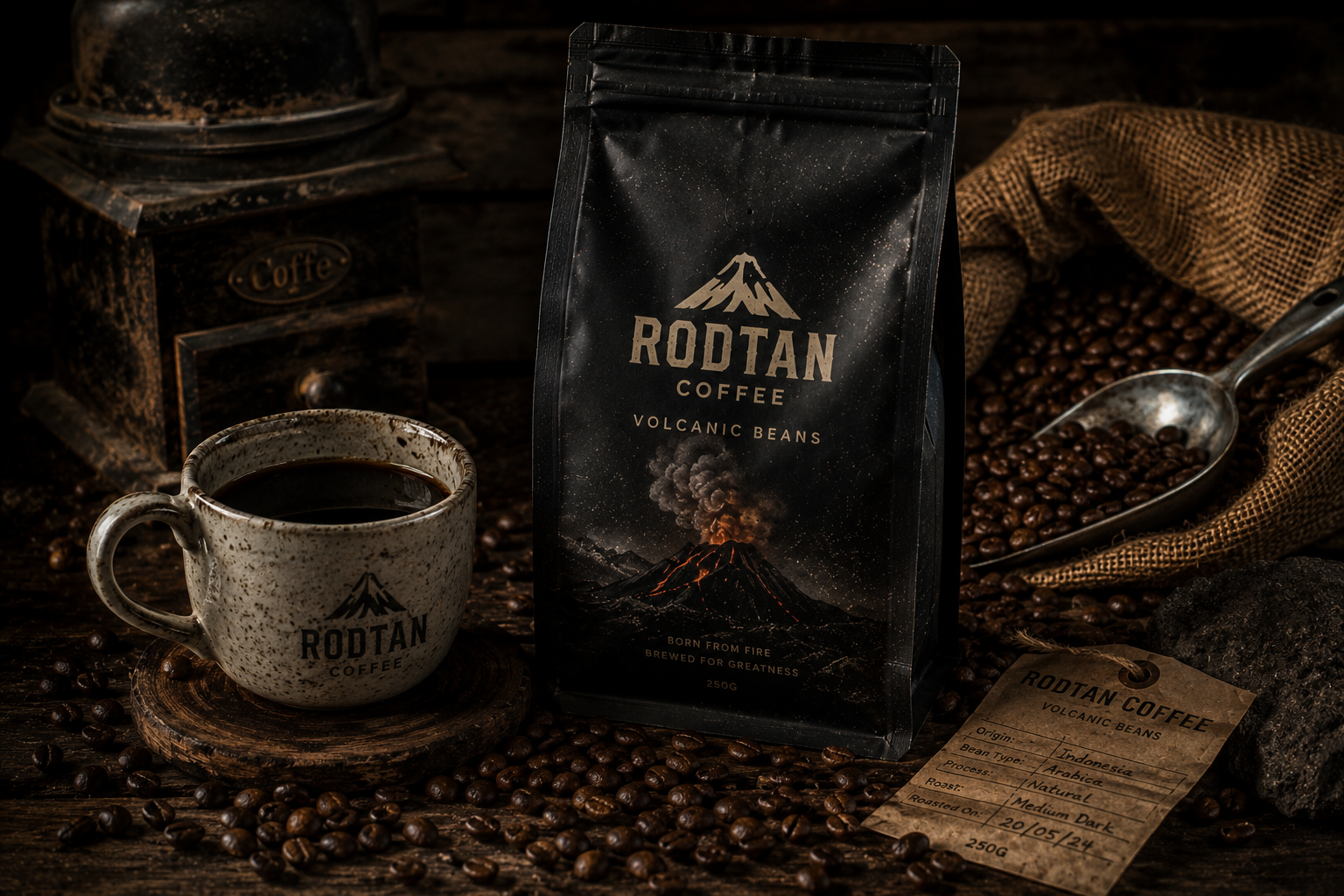 Rodtan Volcanic Coffee — artisanal scene with vintage grinder, burlap and scattered beans