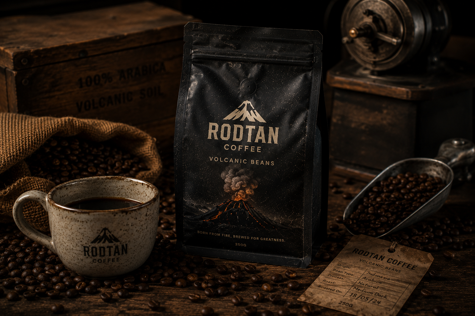 Rodtan Volcanic Coffee gift scene with burlap, beans and rustic wood